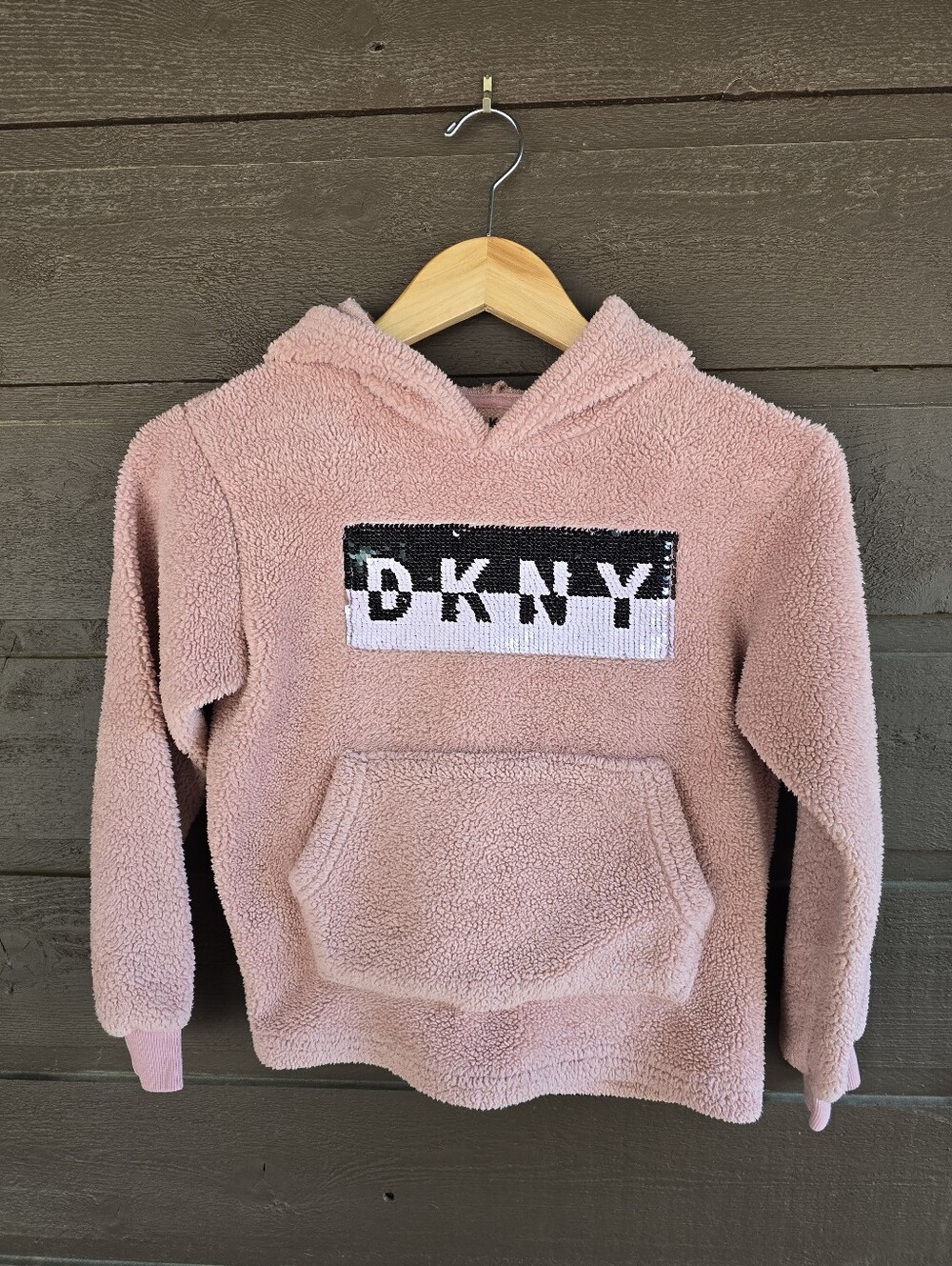 DKNY Girls Pink Sherpa Fleece Hoodie Flip Sequin Logo Size M (8/10)